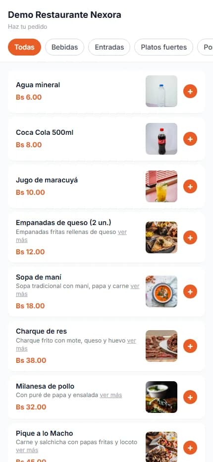 Menú en línea de Nexora abierto en un celular