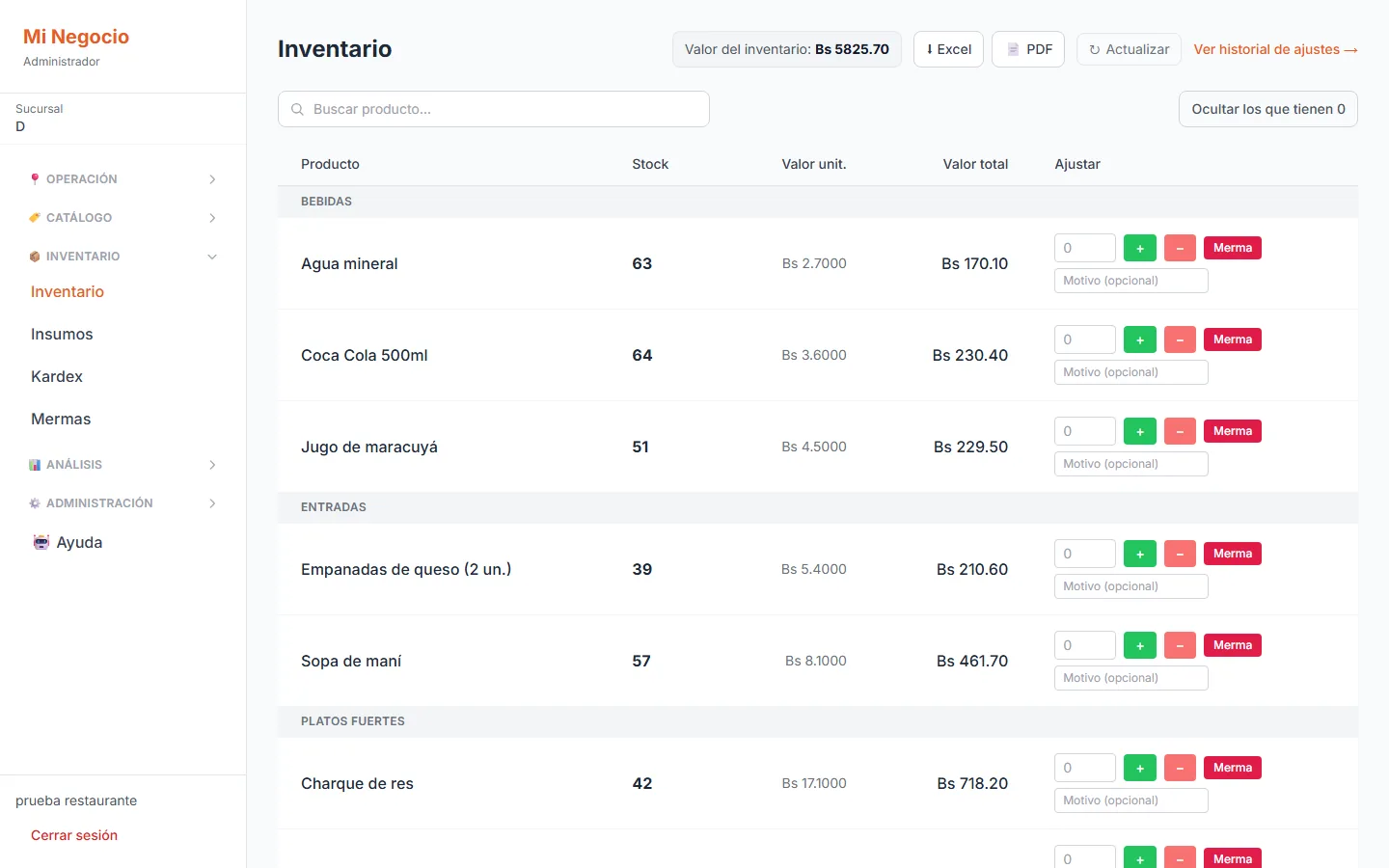 Inventario de Nexora con stock, valor unitario y ajustes