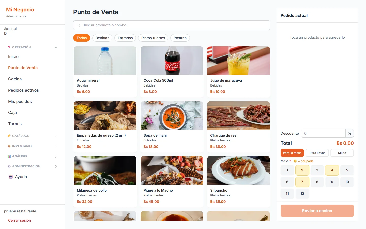 Punto de venta de Nexora para restaurante con productos, mesas y pedido actual